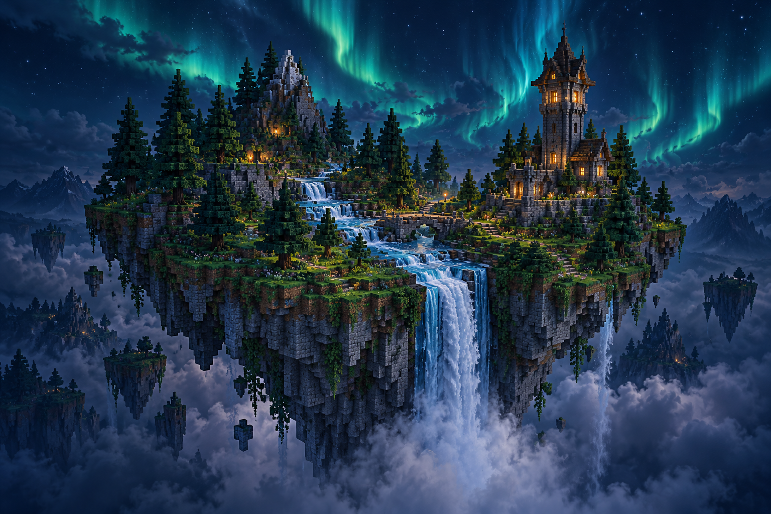 Een Minecraft-geïnspireerde wereld met een kasteel, dennenbomen en waterval onder het noorderlicht
